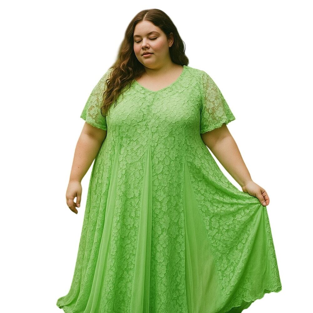 Vintage Green Lace Maxi Dress 20W plus Cottagecore Fairy Garden Witchy Romantic